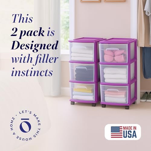 HOMZ Drawer Tower, 3-Tier Storage Cart w/Removable Wheels, Purple, 2 Pack