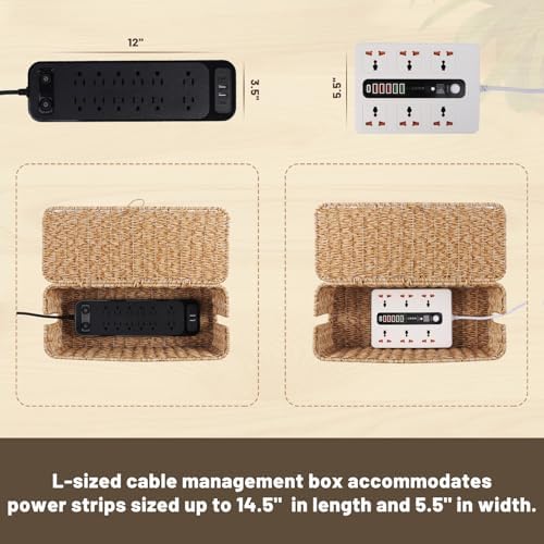 Cable Management Box, Cord Organizer with Lid & Cable Ties - Natural,L