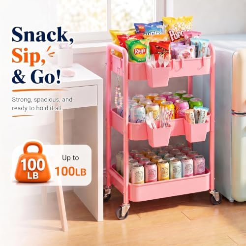 3 Tier Rolling Cart Metal with Lockable Wheels,Pink Baby Diaper Caddy Carts