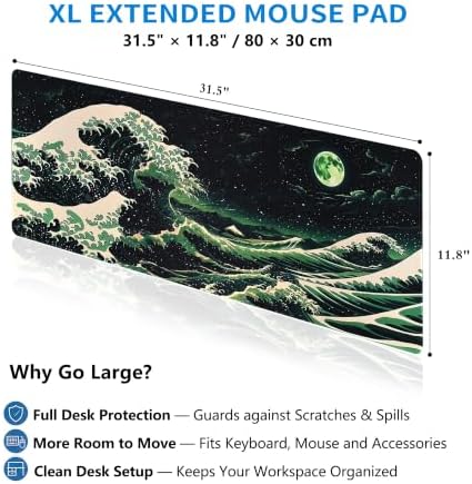Extended Japanese Great Wave Desk Mat, XL Large Gaming Mouse Pad, Moonlit Ocean Stitched Edges Waterproof with Non-Slip Rubber Base for Computer Keyboard Laptop Work Home Office 31.5"x11.8"