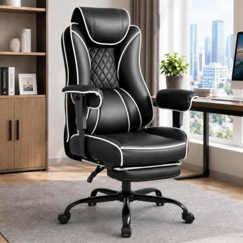 DJ·Wang Big and Tall Office Chair 400lbs, Executive Office Chair with Foot Rest Black PU Leather
