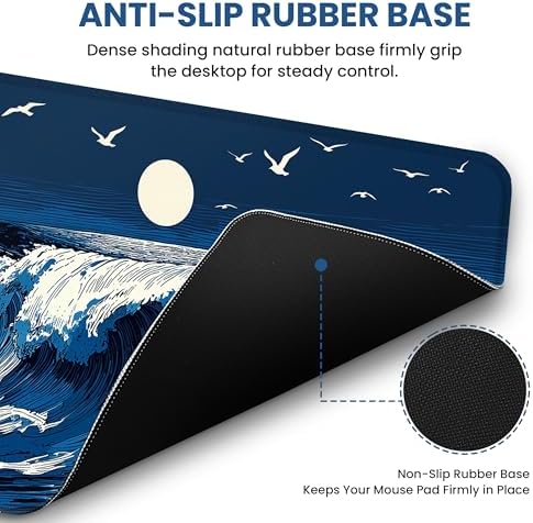 Aesthetic Desk Mat, Cute Moonlit Waves Desk Pad Protector for Work & Decor, 31.5" x 11.8", Pretty Non-Slip Extended Mouse Pad for Office or Home