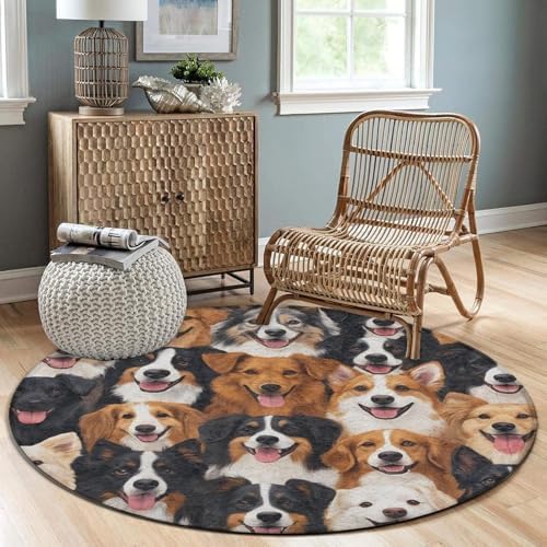 Large Home Decor Mat, Soft Round Yoga Carpet, Non Slip Machine Washable Home Office Circle Rug Cute Dogs Puppy