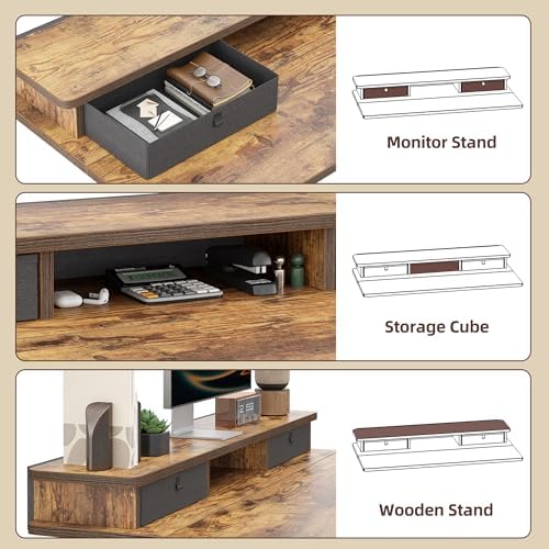 TIQLAB 55 * 28 inch Standing Desk with Two Drawers&Top Shelf, Rustic Brown