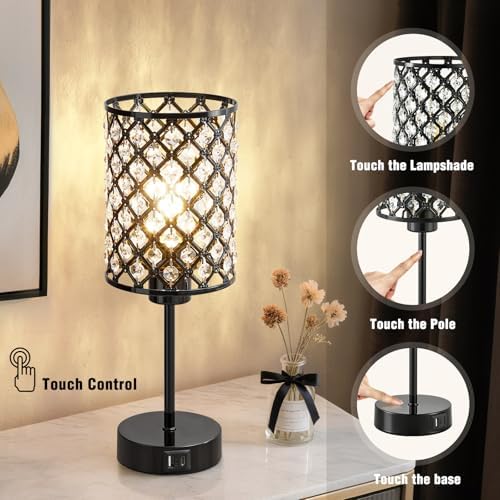 GyroVu Black Crystal Bedside Table Lamps Set of 2 with USB C+A Ports