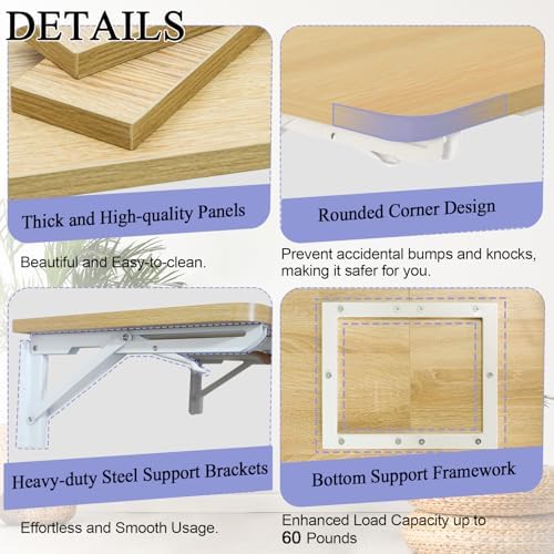 TEAMIX Wall Mounted Folding Table, Floating Desk for Small Spaces, Maple