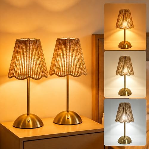 2 Pack Boho Rattan Lamp,Small Wicker Lamp,Rechargeable Led Desk Lamp