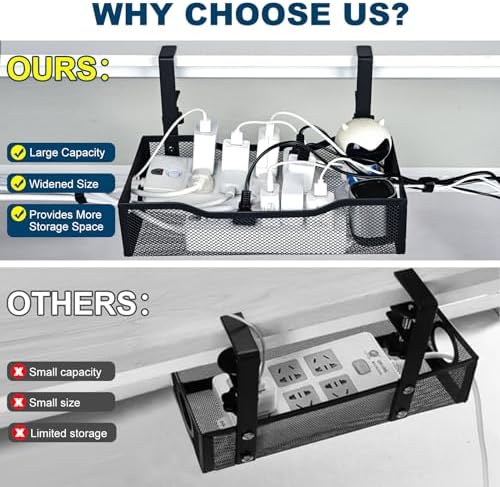 Large Under Desk Cable Management Tray - Heavy Duty Metal Cord Organizer with No Drill Installation for Office & Home Office Desks to Hide Wires & Power Strips (Black, XL)