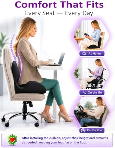 Ergonomic Memory Foam Seat Cushion for Office Chair, Car Seat, Dining, Gaming Chair & Wheelchair | Sciatica, Tailbone & Coccyx Pain and Pressure Relief | Lumbar & Lower Back Support Pillow One Piece