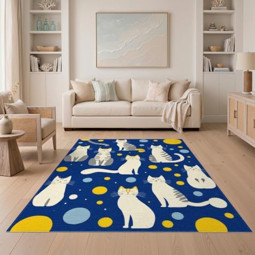 5'x7' Blue Yellow Cat Symphony with Golden Washable Area Rug