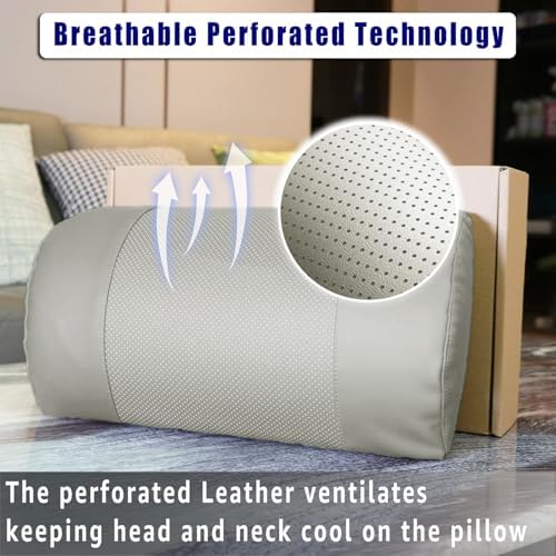 Non-Slip Memory Foam Neck Pillow for Recliner - Adjustable and Breathable Perforated Leather Design in Light Gray, Ideal for Pain Relief at Home, Office, and Travel
