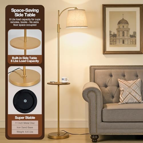 AIDENOEY Golden Floor Lamp with Table, Dimmable Standing Lamp, Living Room