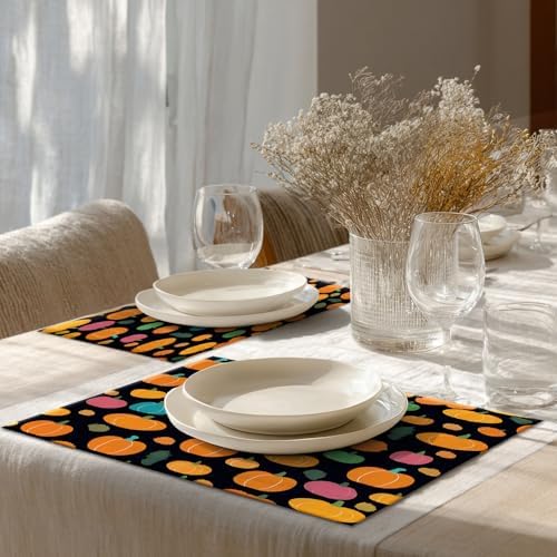 Shrahala Cute Halloween Pumpkins Set of 8 12 X 18 Inch Linen Placemats, Black Background Pink Blue Tiny Squash Burlap Table Mat Washable Double Layered Heat Insulation for Indoor/Outdoor