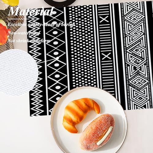 Shrahala Traditional African Geometric Set of 8 12 X 18 Inch Linen Placemats, Black and White Tribal Ethnic Burlap Table Mat Washable Double Layered Heat Insulation for Indoor/Outdoor
