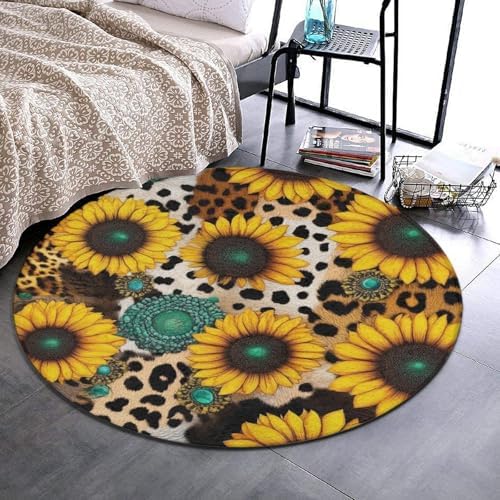 Highly Premium Quality Floor Mat, Office Chair Decor Mat, Room Sofa Yoga Soft Round Carpet Retro Sunflowers Animal Leopard Print Art, 24inch