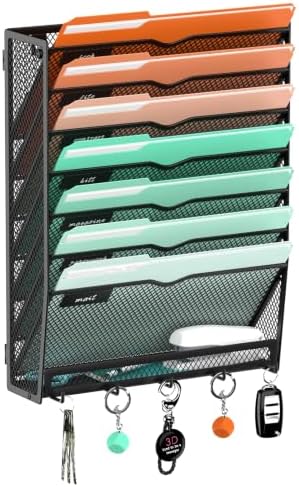 Wall File Holder Hanging Wall File Organizer, Wall Mount Mail Holder and Paper Organizer with Bottom Shelf & 5 Hooks for Office Home School (8-Tier)