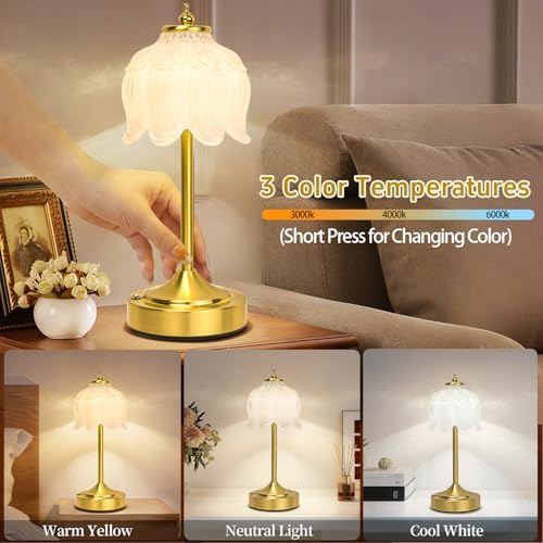 Cordless Table Lamp, Rechargeable White Glass Lotus Flower Lamp