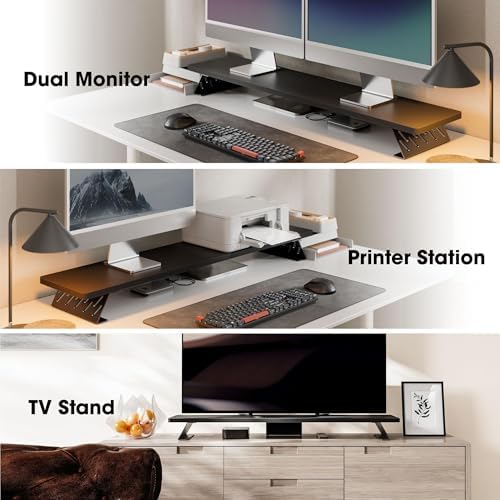 Fenge Monitor Stand Riser, Wooden & Metal Desk Shelf Organizer, Black