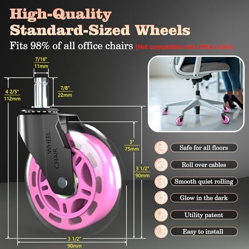 Pink Office Chair Wheels Replacement 3" Rubber Casters 7/16" Stem,Universal Fit Most Office Gaming Chairs,Smooth Quiet Rolling,Floor Protection for Hardwood Carpet Tile Floors,Set of 5