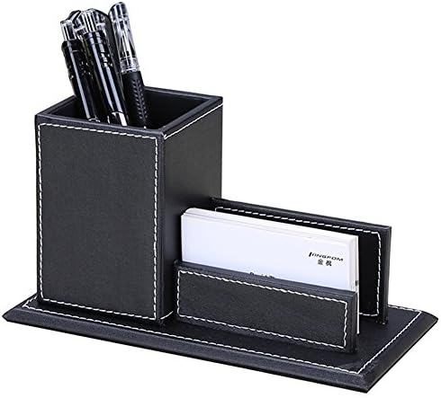 KINGFOM PU Leather Desk Organizer and Accessories, Pencil Holder for Desk with Business Cards Stand, School Office Supplies Collection Caddy Black