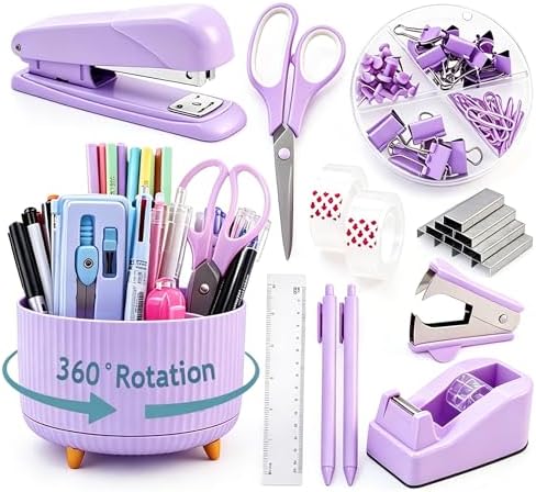Gawsey Purple Desk Organizers and Accessories with Desk Organizer 360° Rotating Pen Holder and Office Supplies, Cute Stationery Supplies Set