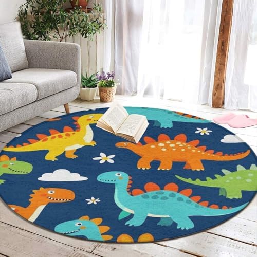 Soft Round Yoga Carpet, Large Home Decor Mat, Non Slip Machine Washable Kitchen Office Circle Rug Dinosaur