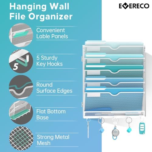 6 Tier Wall File Organizer - Hanging File Organizer with 5 Hooks, Mail Holder Wall Mounted for Papers, Folders, Magazines, Bills, Office&School Organization, White
