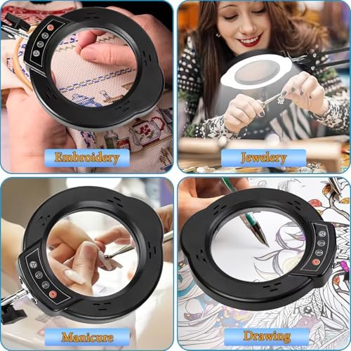 15X Magnifying Glass Desk Lamp with Metal Base, 5 Color Modes 10 Levels Adjustable Brightness, 360° Rotatable Flexible Aluminum Arms – Ideal for Reading, Crafting, Close Work, Eye-Caring Table Lamp