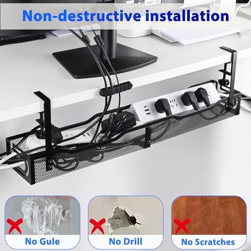 Under Desk Cable Management Tray 25.3 Inch, Clamp-On Cable Organizer Box for Standing Desks, No Drill Cord Management Under Desk, Large Desk Wire Organizer for Office & Home, Black