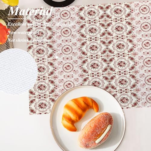 Shrahala Vintage Victorian Floral Set of 6 12 X 18 Inch Linen Placemats, Ornate Rose Scroll Burlap Table Mat Washable Double Layered Heat Insulation for Indoor