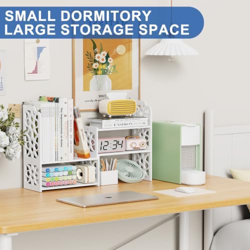Desk Organizer Shelf, Adjustable Small Desk for Top of Desk, Desktop Shelf Organizer with Engraved Decoration, Multifunctional Desktop Storage Display Rack for Home Office, Dorm, Study