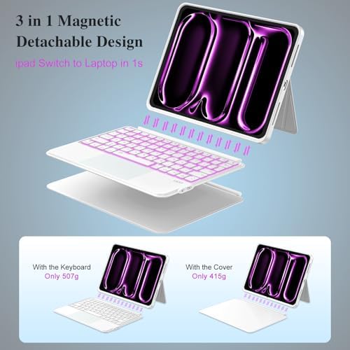 iPad Pro 13 inch Case with Keyboard (M5 2025, M4 2024), Magnetic Detachable Backlit Keyboard Case, Multi-Trackpad, Landscape/Portrait, 160° Adjustable Stand, Slim Protective Case (White)