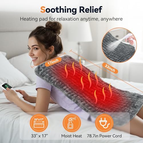 Heating Pad for Back Pain, 17"x33" Electric Heat Pad with 9 Heat Levels & 4 Auto-Off Timers, Portable Heating Pad for Period Cramps, Shoulder, Neck, Machine Washable, Gifts for Women Men, Grey