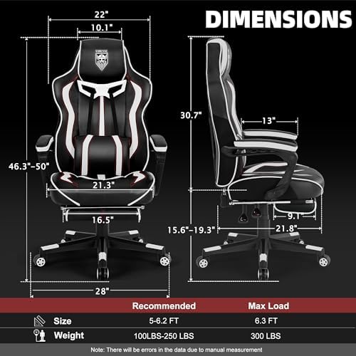 Vonesse Gaming Chair with Footrest,Reclining Computer Gaming Chair for Adults,Big and Tall Gamer Chair with Massage,Ergonomic High Back (White/Black)