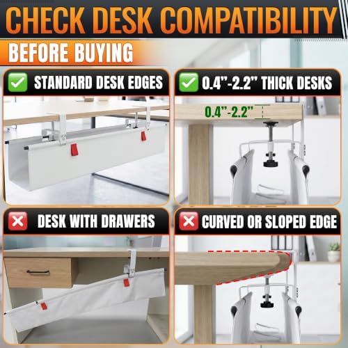 Under Desk Cable Management Tray 36" — No Drill Clamp-On Cord Organizer for Desk with Built-in Ties, Heavy Duty Metal Clamp, Foldable 600D Oxford Fabric for Home Office, WFH & Gaming PC Setup (White)