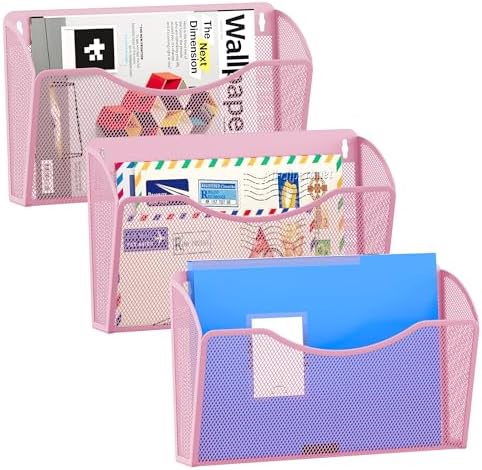 EasyPAG Wall File Organizer 3 Pack, Hanging File Organizer Wall Mount, Metal Mesh Folder Holder for Letter/A4 Papers, Mail Sorter for Office, Classroom, Home, Pink