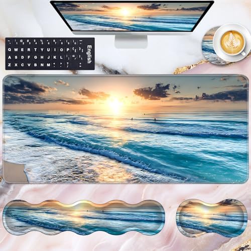 Keyboard Wrist Rest and Mouse Pad with Wrist Support Set Ergonomic Coaster,Memory Foam,Easy Typing Pain Relief,Large XL Desk Mat 31.5"x 11.8",Beach
