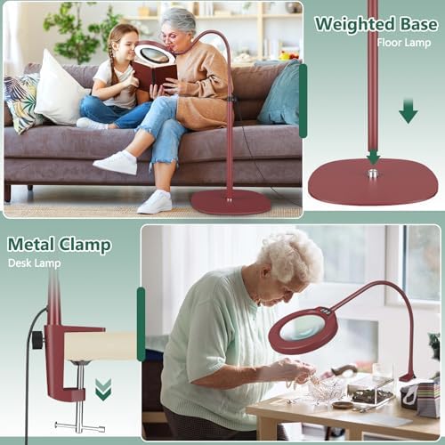 15X Magnifying Glass with Light and Stand, Optical Grade Real Glass Lens, 5 Color Modes, Stepless Dimmable, 24" Flexible Gooseneck 3-in-1 Floor Lamp, LED Lighted Magnifier Hands Free for Hobby - Red