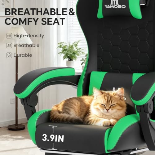 Gaming Chair, Computer Office Chair with Footrest, Adjustable Height & Backrest Gaming Chairs with Swivel for Adults, High Back PU Leather Ergonomic Chair with Lumbar Support, Blackgreen