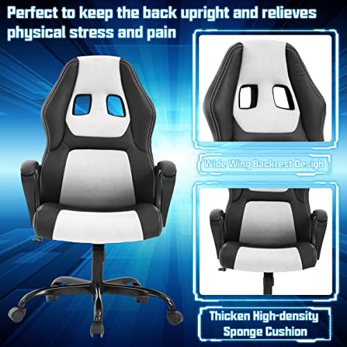 Gaming Chair PC Computer Chair Office Chair for Adult Teen Kids, Ergonomic PU Leather Gamer Chair with Lumbar Support High Back Adjustable Rolling Swivel Desk Chair, White