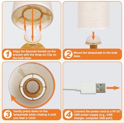 Touch Bedside Table Lamp with Stepless Dimming, USB Powered