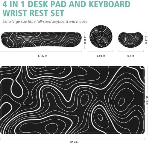 4 in 1 Large Mouse Pad,Keyboard Wrist Rest Set,Desk Mat with Stitched Edges Thicken Desk Pad,Wrist Support for Keyboard and Mouse,Desk Mat for Home Office Game(Black Marble)