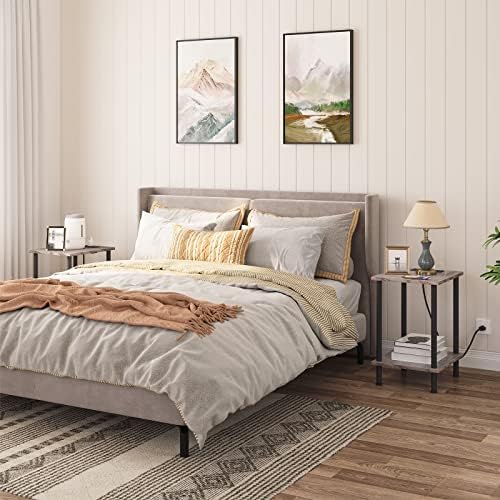 HOOBRO Side Table with Charging Station, End Table with USB Ports and Outlet, Nightstand with 2-Layer Storage Shelves for Small Spaces, Living Room, Bedroom, Stable Frame, Greige and Black BG09UBZ01