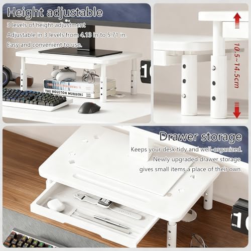 Ergonomic Monitor Stand Riser with Drawer, 3 Height Adjustable (3.9/4.7/5.5 inch) Heavy Duty Carbon Steel+PE Computer Desk Organizer with Storage for Laptop Printer Dual Screens, 14.6 x 9.1 inch (White)