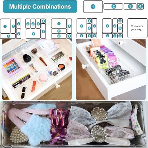 15 Pack Clear Plastic Drawer Organizer Set - 4 Sizes Makeup Vanity Organizer Chest of Drawers Storage Stackable Organizers Bins Divider Box for kitchens, Bedrooms, Bathrooms, Offices, Junk, Gadgets