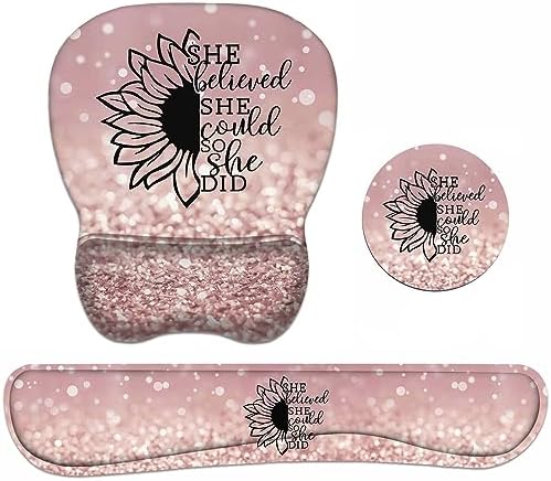 Mouse Pad Wrist Support and Keyboard Wrist Rest Set with Coasters, She Believed She Could So She Did Inspirational Quote with Non-Slip PU Base Ergonomic Mousepad for Home Office Working Studying