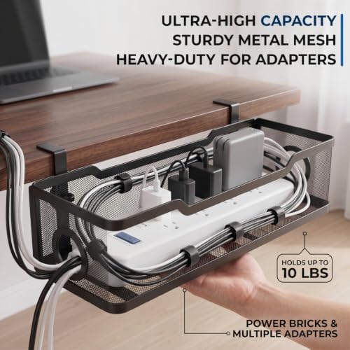 Under Desk Cable Management Tray, No Drill Cable Organizer for Desk, Metal Wire Management Basket with Clamp Mount, Cord Organizer Holder for Standing Desk, Home Office and Gaming Setup