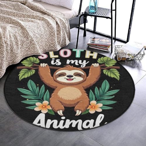 Soft Round Yoga Carpet, Large Home Decor Mat, Non Slip Machine Washable Kitchen Office Circle Rug Sloth Spirit