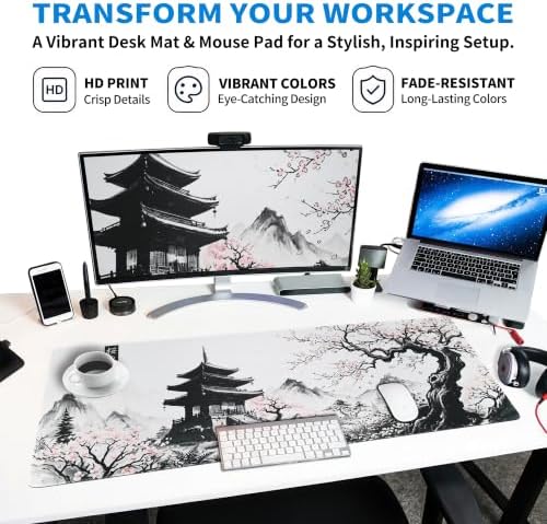 Extended Japanese Sakura Zen Desk Mat, XXL Large Gaming Mouse Pad, Cherry Blossom Temple Stitched Edges Waterproof Non-Slip Rubber Base for Computer Keyboard Laptop Work Home Office 35.4"x15.7"