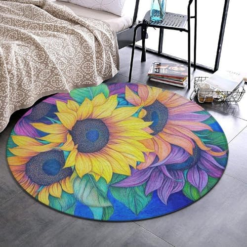 Highly Premium Quality Floor Mat, Office Chair Decor Mat, Room Sofa Yoga Soft Round Carpet Colorful Sunflower, 60inch